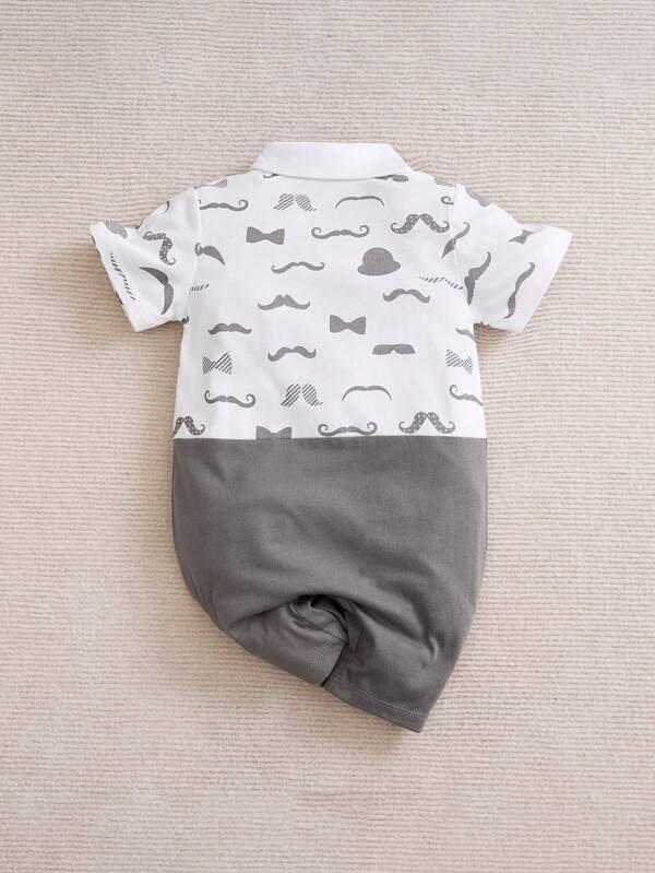 Bow Tie Moustache Print Baby Grow Grey