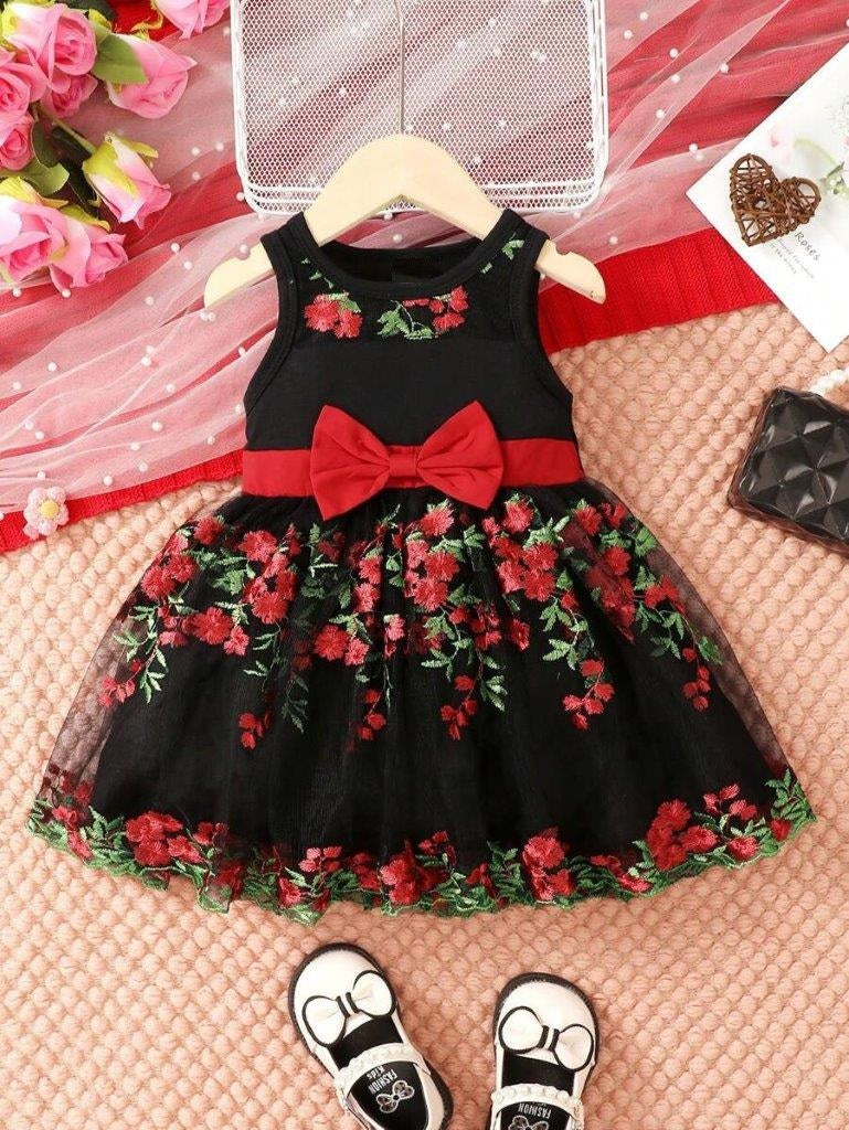 Baby Floral Embroidery Bow Dress Red And Black