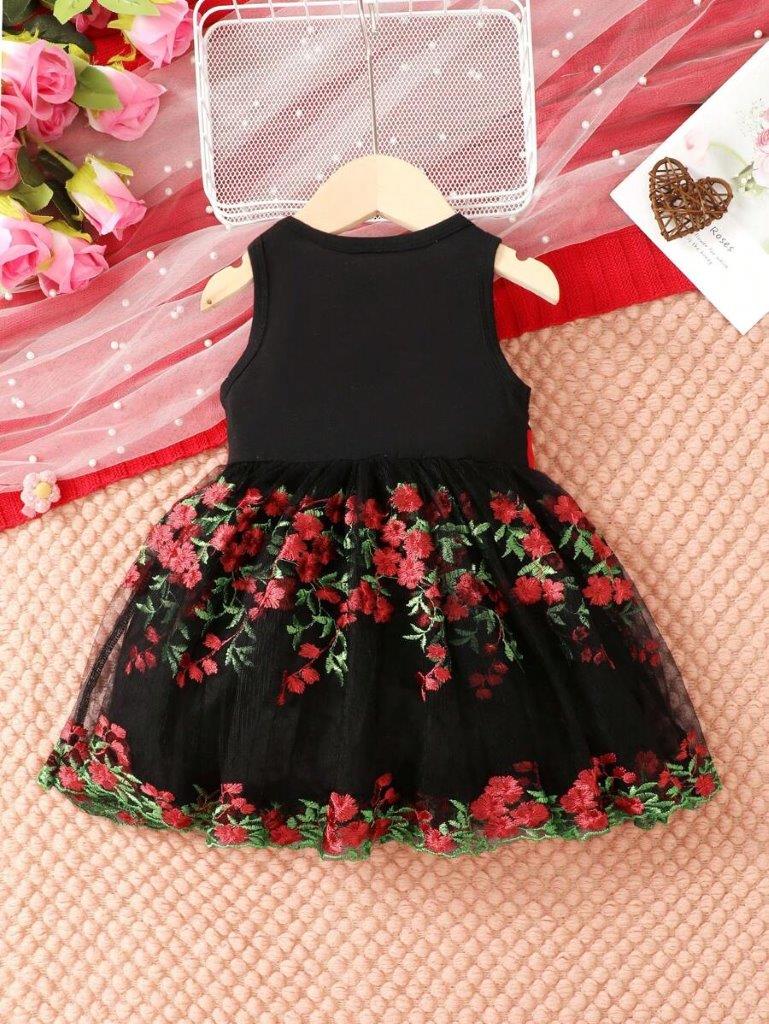 Baby Floral Embroidery Bow Dress Red And Black