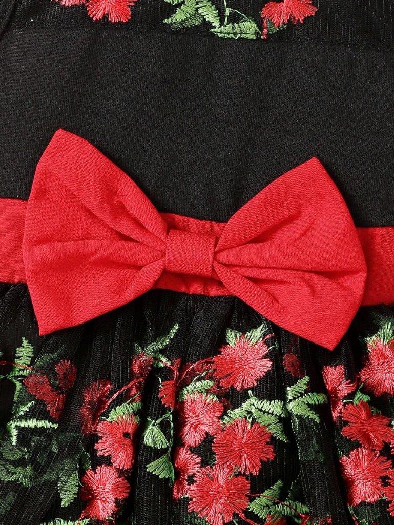 Baby Floral Embroidery Bow Dress Red And Black