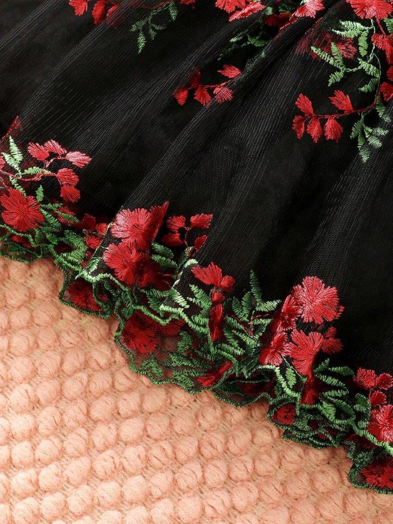 Baby Floral Embroidery Bow Dress Red And Black