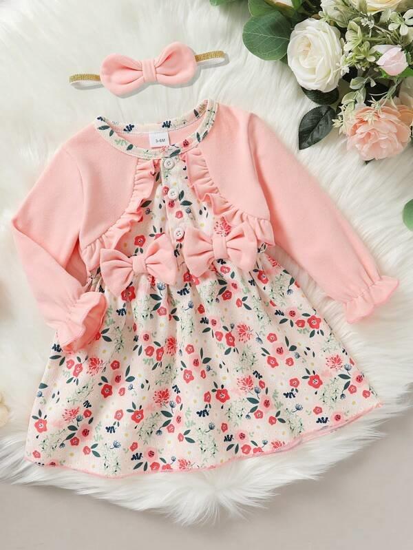 Baby Pink Double Bow Floral Dress Set