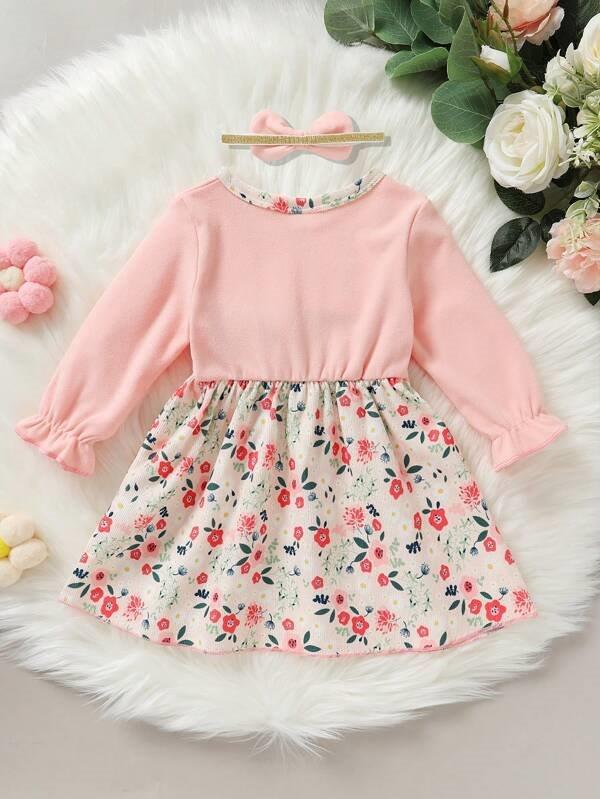 Baby Pink Double Bow Floral Dress Set