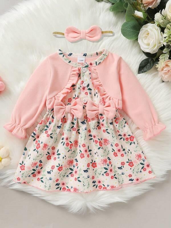 Baby Pink Double Bow Floral Dress Set