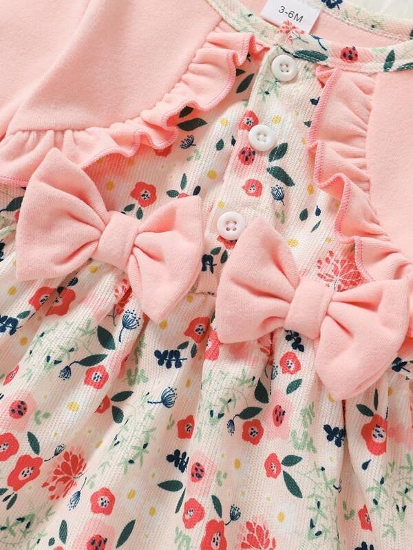 Baby Pink Double Bow Floral Dress Set