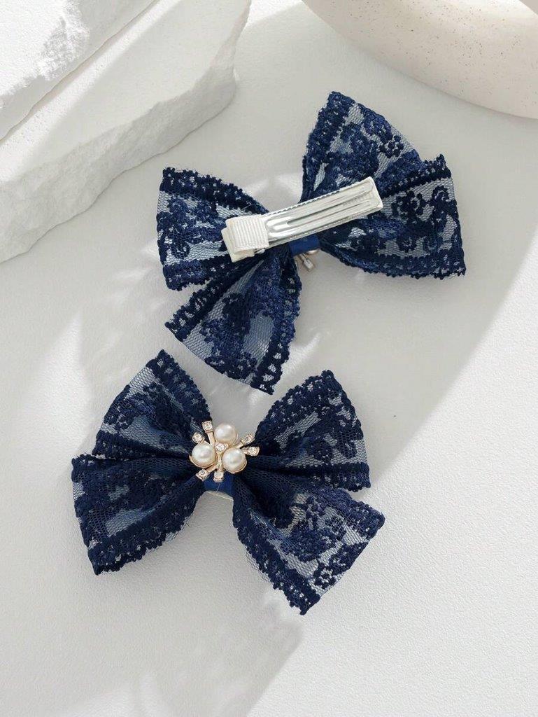 2 Piece Elegant Bow Hair Clips Navy Blue