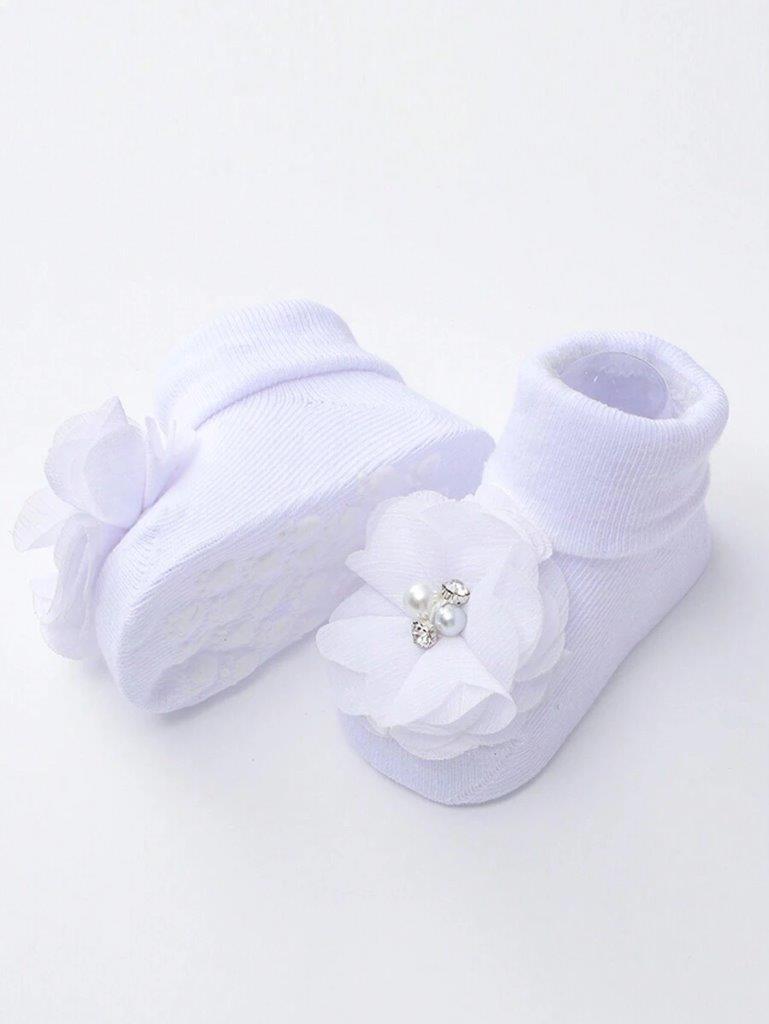 Baby White Flower Decor Socks With Headband 6-12 Months