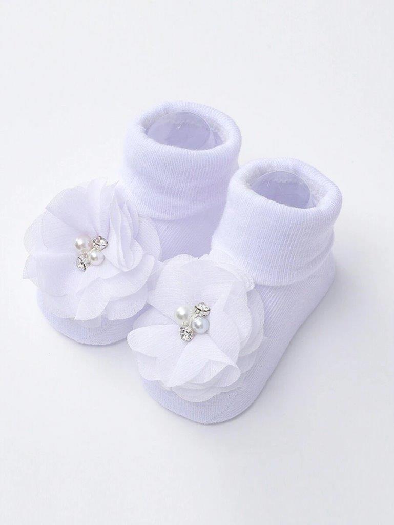 Baby White Flower Decor Socks With Headband 0-6 Months