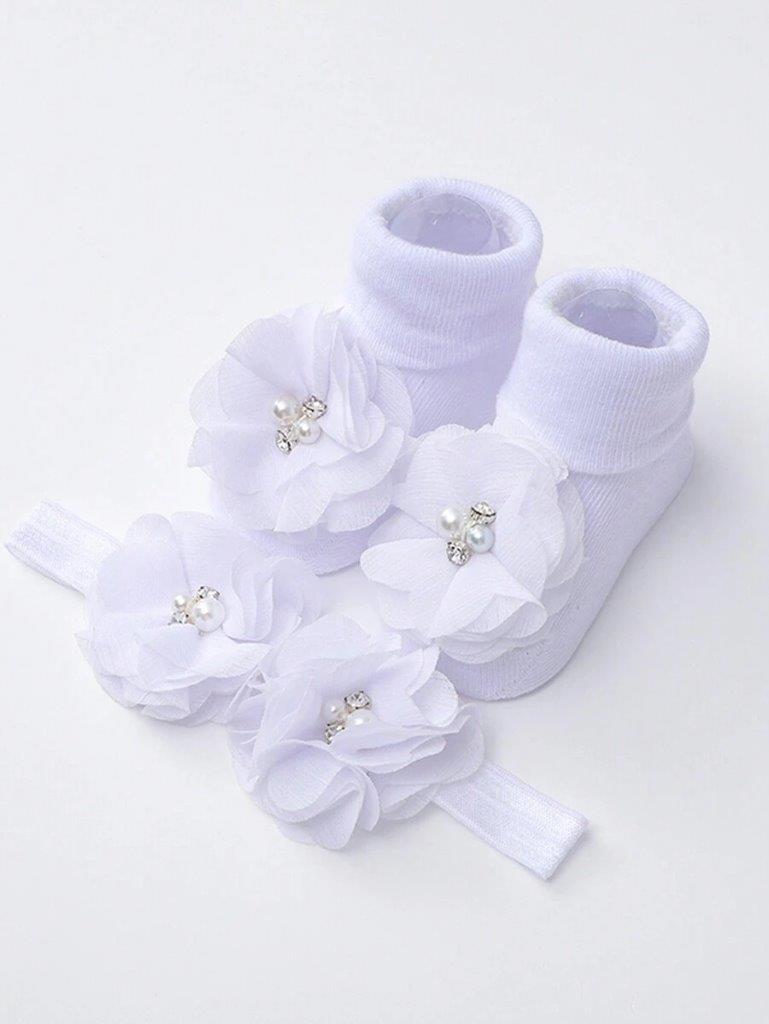 Baby White Flower Decor Socks With Headband 0-6 Months