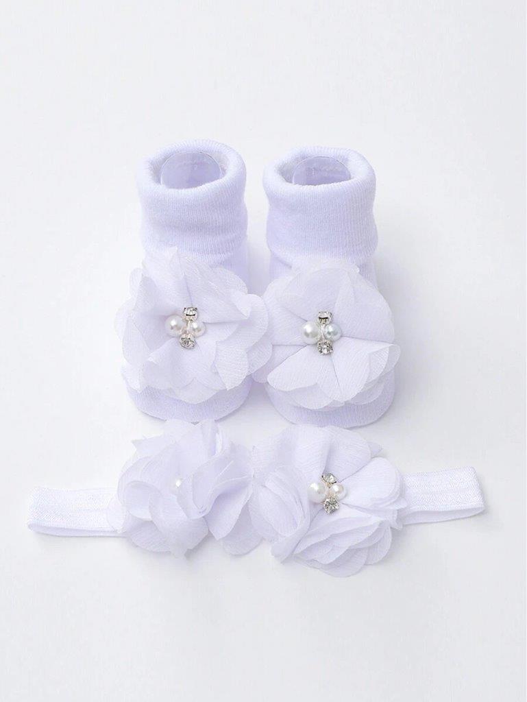 Baby White Flower Decor Socks With Headband 6-12 Months