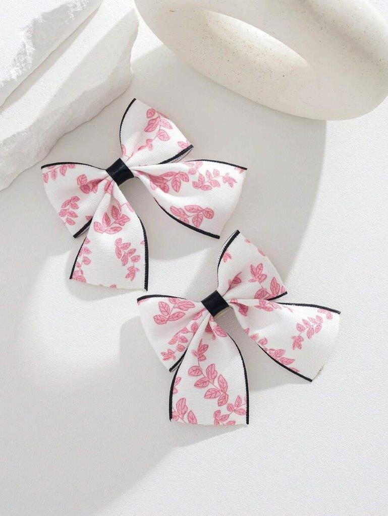 2 Piece Floral Print Hair Clips Set Baby Pink