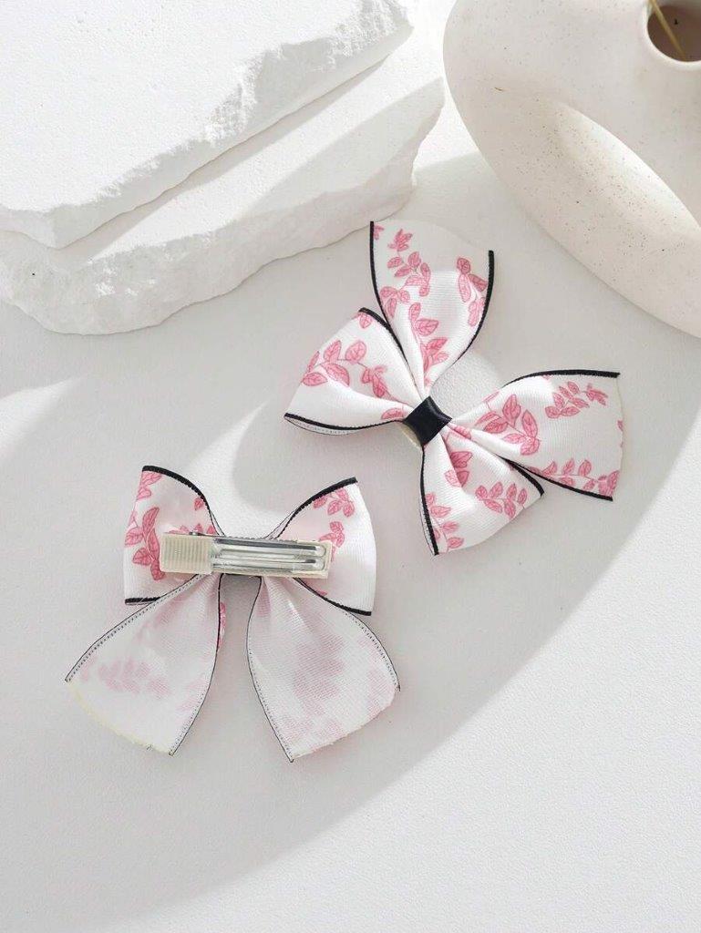 2 Piece Floral Print Hair Clips Set Baby Pink