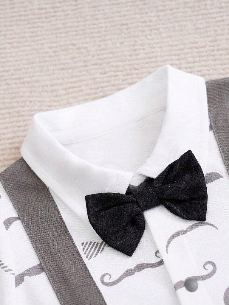 Bow Tie Moustache Print Baby Grow Grey
