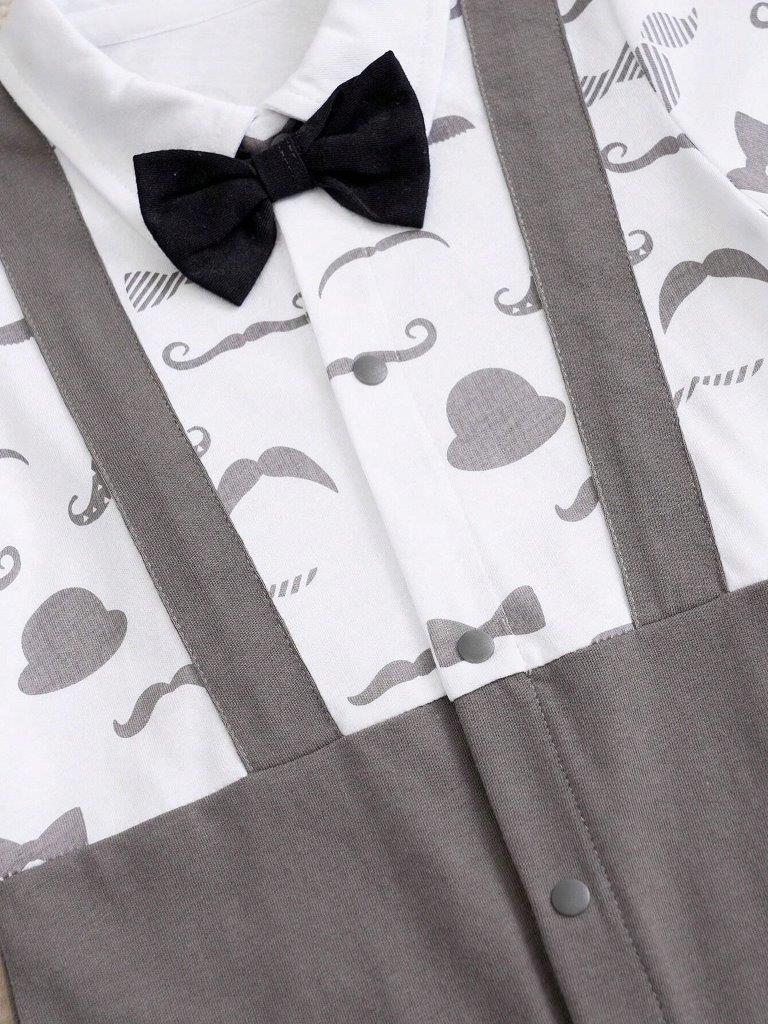 Bow Tie Moustache Print Baby Grow Grey