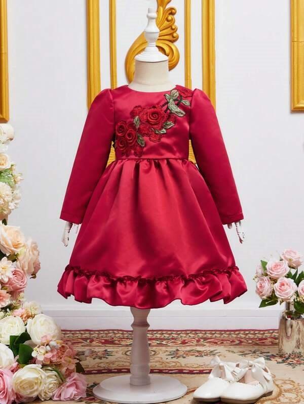 Toddler Girls Rose Pattern Puff Sleeve Dress