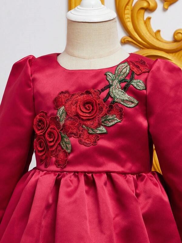 Toddler Girls Rose Pattern Puff Sleeve Dress