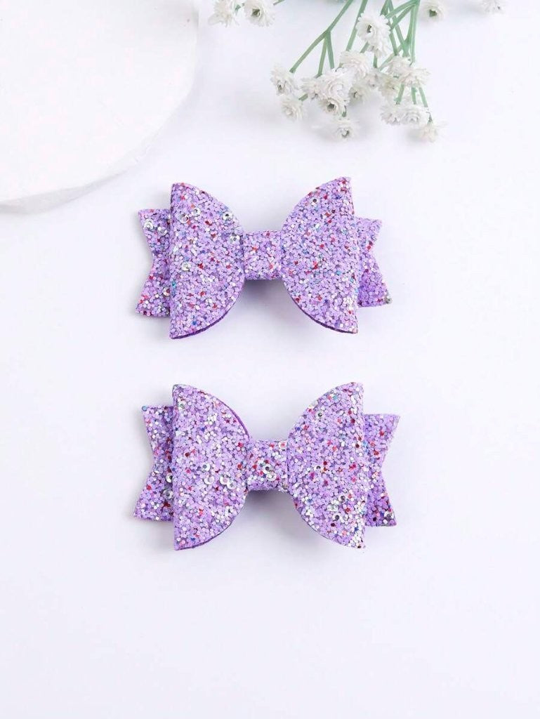 2 Piece Glitter Purple Bow Hair Clips
