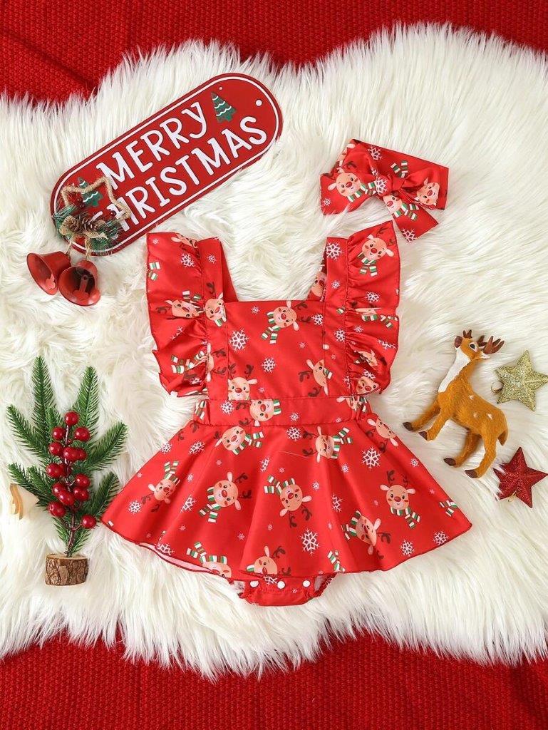 Baby Christmas Ruffle Trim Bodysuit Dress