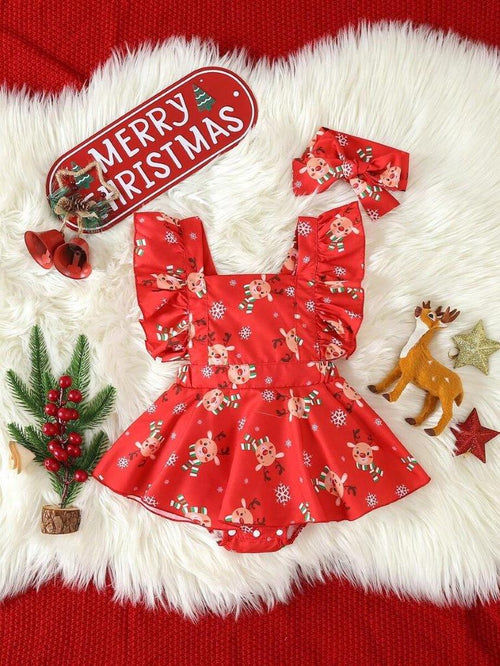 Baby Christmas Ruffle Trim Bodysuit Dress