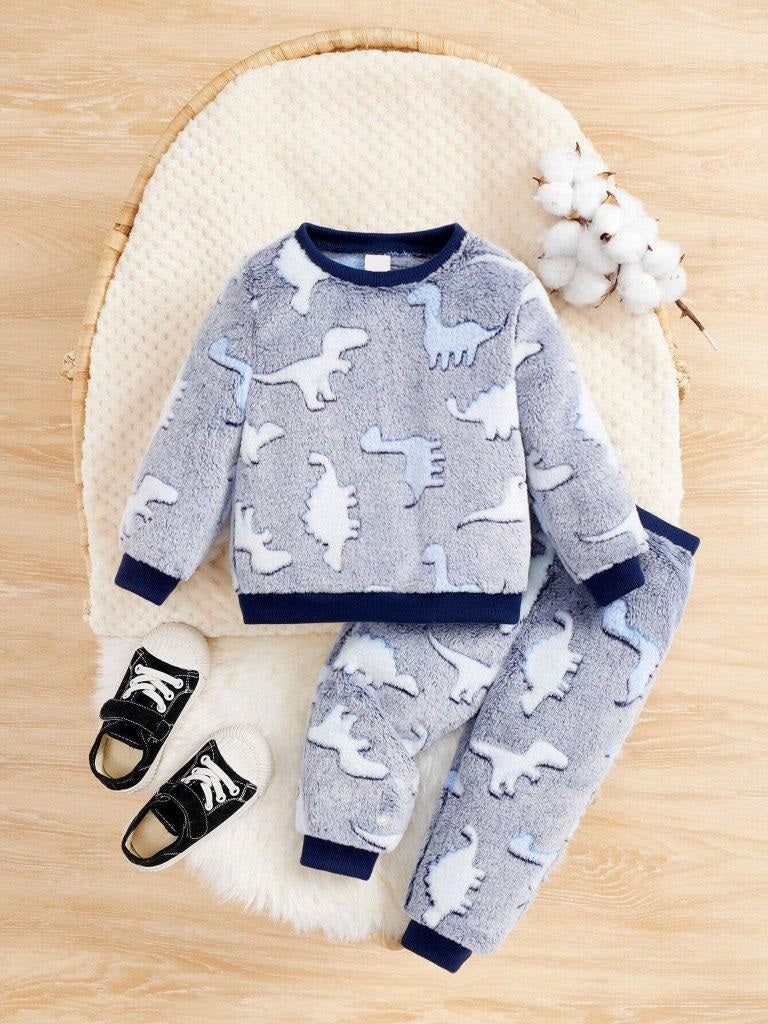 Baby Dino Flannel Pullover And Pants Set Navy