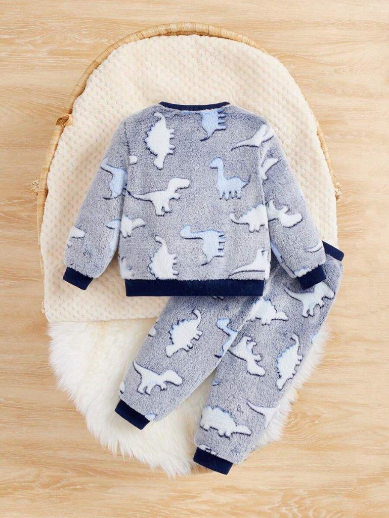 Baby Dino Flannel Pullover And Pants Set Navy