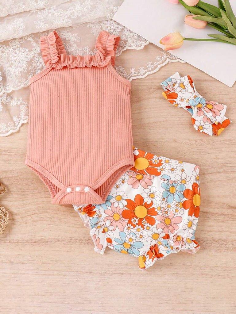 Baby Ruffle Trim Cami Bodysuit And Shorts Set