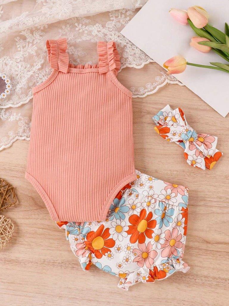 Baby Ruffle Trim Cami Bodysuit And Shorts Set