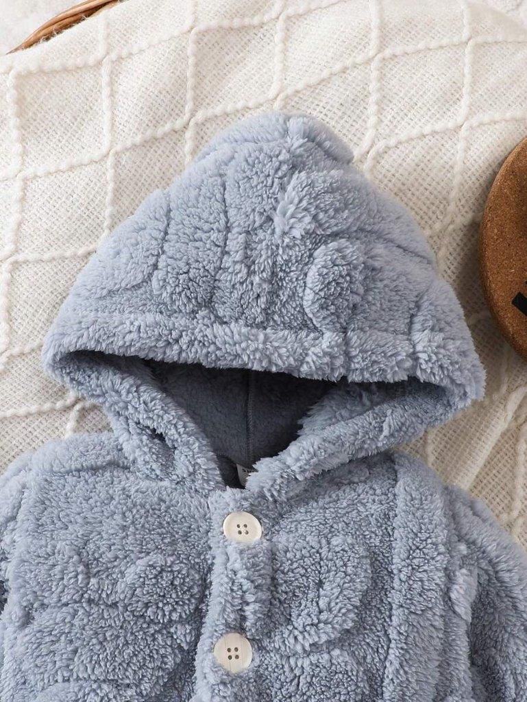 Baby Buttoned Hooded Teddy Jumpsuit Blue