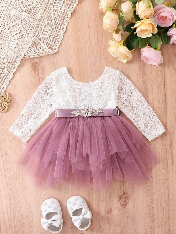 Baby Lace Mesh Bodysuit Dress Purple