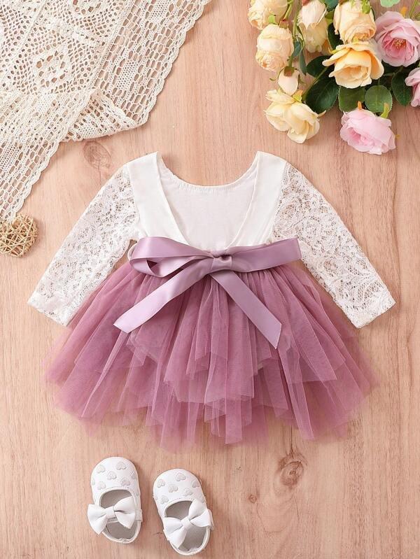 Baby Lace Mesh Bodysuit Dress Purple