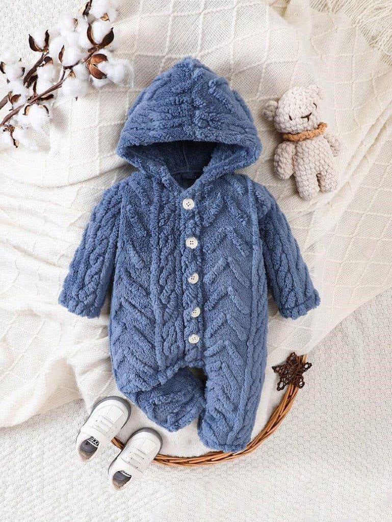Baby Button Fluffy Hooded Jumpsuit