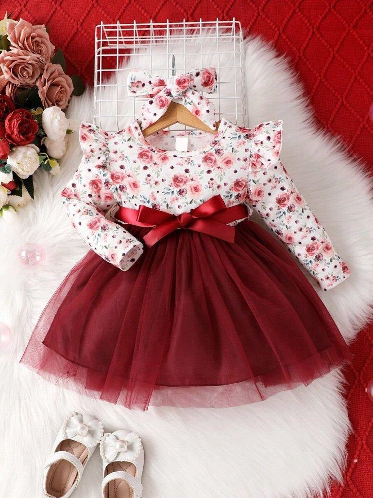 Baby Floral Print Belted Dress Burgundy