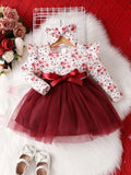 Baby Floral Print Belted Dress Burgundy