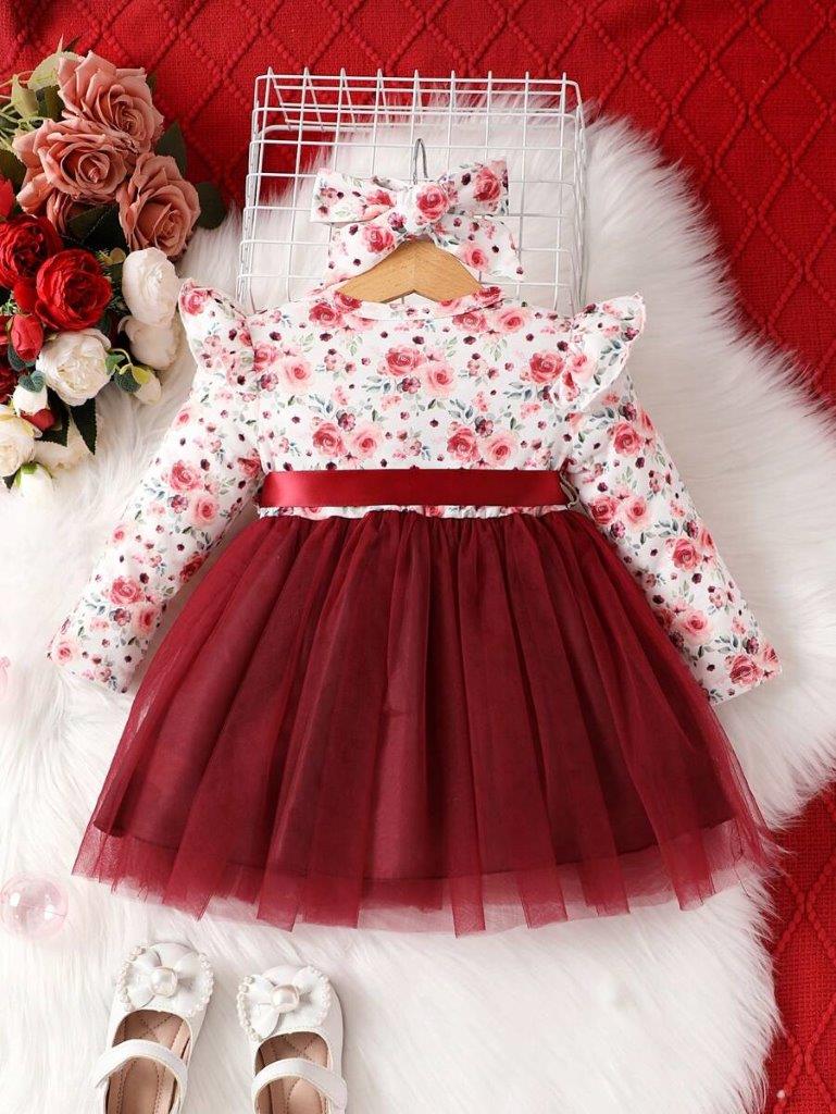 Baby Floral Print Belted Dress Burgundy