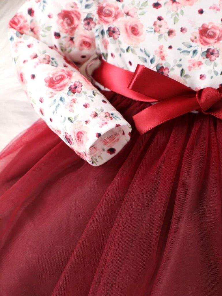Baby Floral Print Belted Dress Burgundy