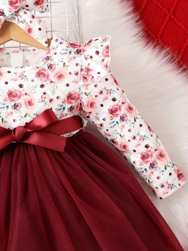 Baby Floral Print Belted Dress Burgundy