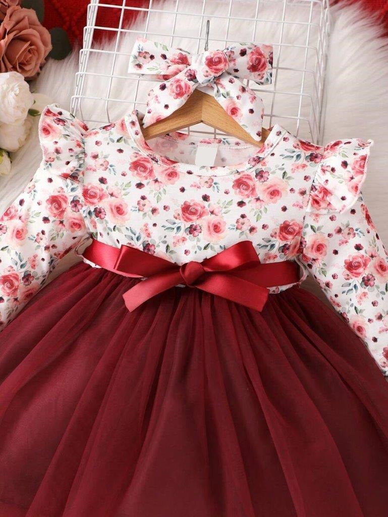 Baby Floral Print Belted Dress Burgundy