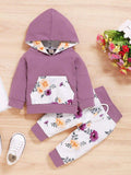 Baby Purple Floral Print Pocket Hoodie Set