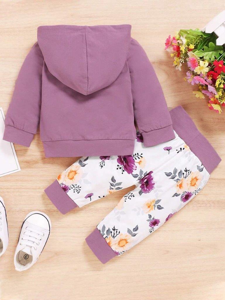 Baby Purple Floral Print Pocket Hoodie Set