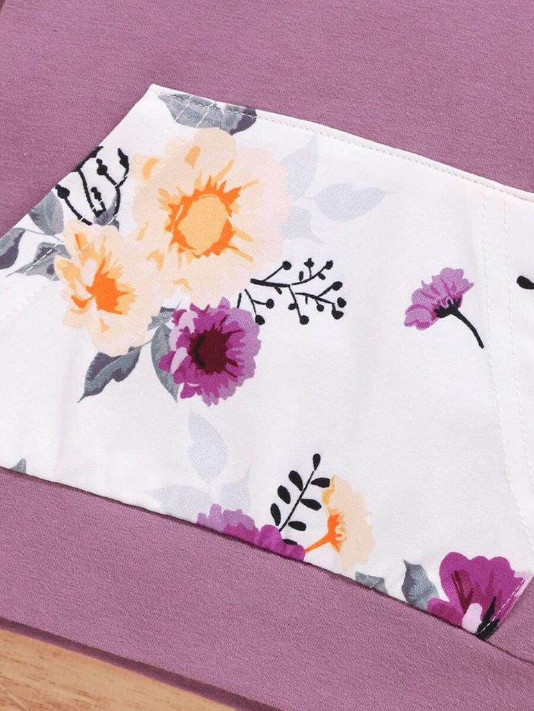 Baby Purple Floral Print Pocket Hoodie Set