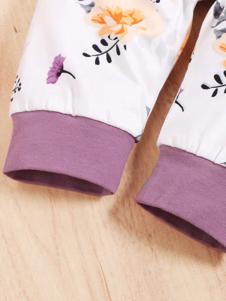 Baby Purple Floral Print Pocket Hoodie Set