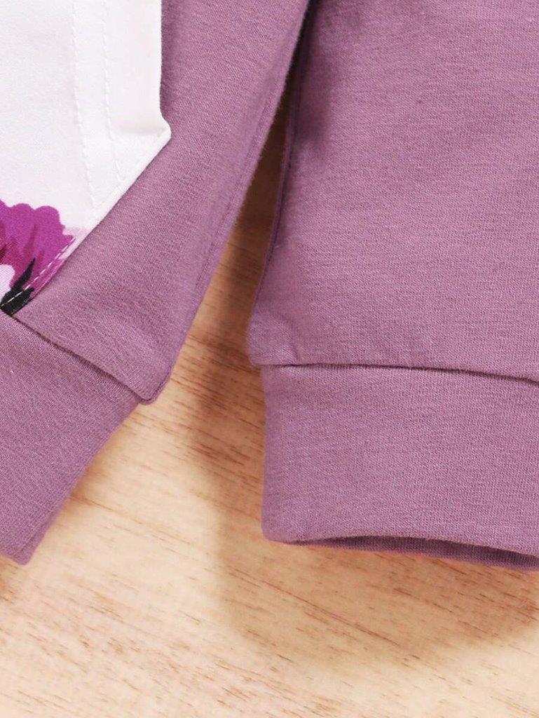 Baby Purple Floral Print Pocket Hoodie Set