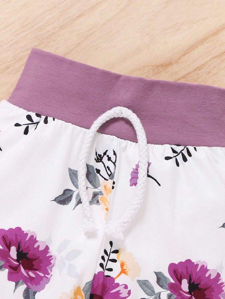 Baby Purple Floral Print Pocket Hoodie Set