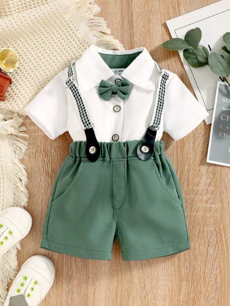 Baby 3 Piece Green Bow Tie Short Sleeve Suspender Set