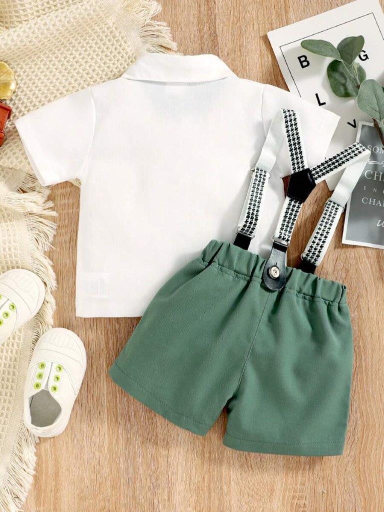 Baby 3 Piece Green Bow Tie Short Sleeve Suspender Set