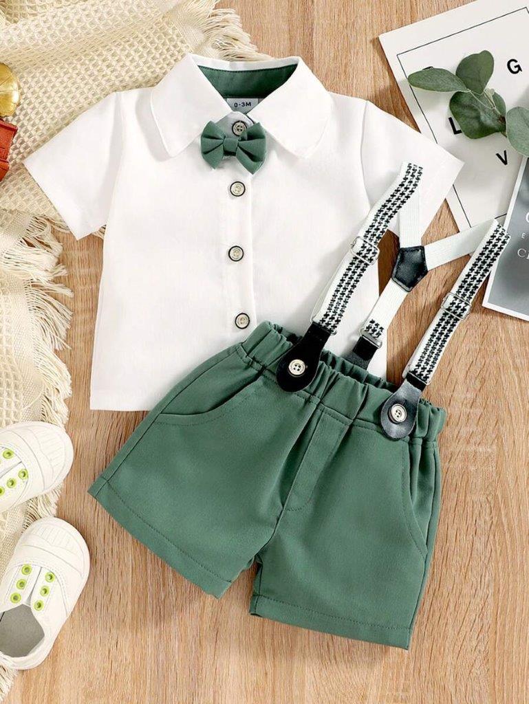 Baby 3 Piece Green Bow Tie Short Sleeve Suspender Set