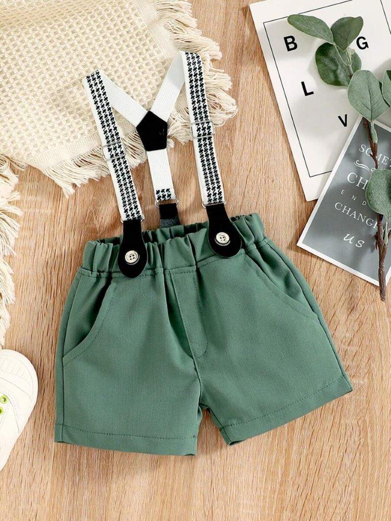 Baby 3 Piece Green Bow Tie Short Sleeve Suspender Set
