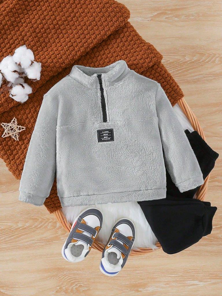 Baby Half Zipper Teddy Pullover Grey