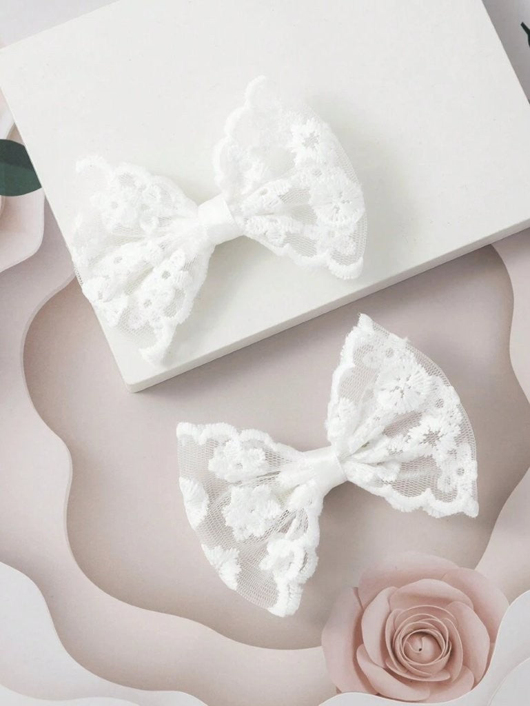 2 Piece Bowknot Lace Hair Clips White