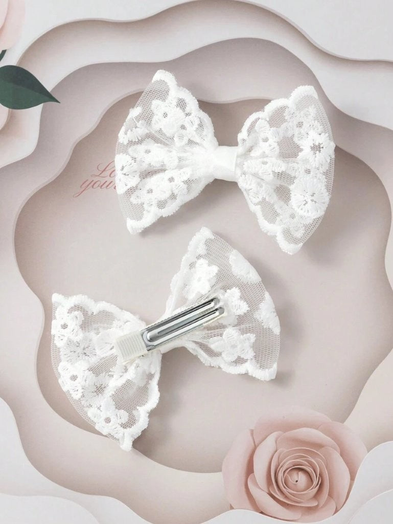 2 Piece Bowknot Lace Hair Clips White